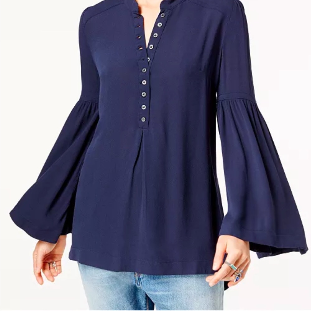 Navy Blue Flowy Blouse with Bell Sleeves